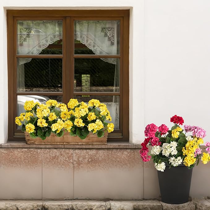 Uqueeten 4PCS Fake Flower Artificial Geranium,Artificial Flowers for Outdoors, Geraniums Artificial Flowers Realistic,Artificial Geraniums for Outdoors Fake Plant Decoration((Yellow) 14.4"