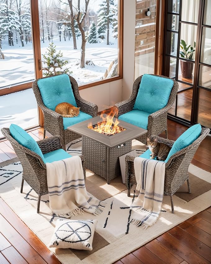 Outdoor Patio Chairs with Fire Pit Table 5 Piece Set - High Back Brown Wicker Rattan Lawn Chair with Thick Cushion for Porch Apartment Deck Yard Poolside Garden - Turquoise