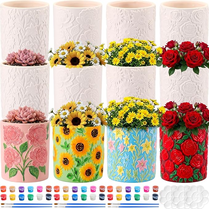 Zubebe 12 Pcs Paint Your Own Flower Ceramic Pots Bulk Unfinished Succulent Pots Painting Kit with Drainage Hole Lily Sunflower Peony Rose Mini Paintable Vase for Spring Valentine Mother DIY Craft