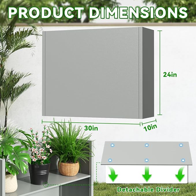 POOAMY Metal Planter, 30L x 10W x 24H, Heavy Duty Tall Planters for Outdoor Plants, Planters with Removable Insert Shelf, Large Planters with Drainage Holes for Porch, Patio and Yard, Grey