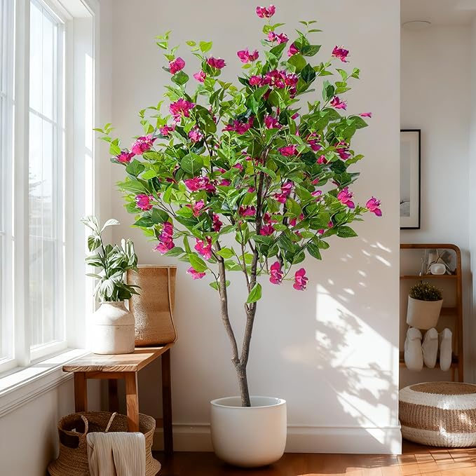 6FT Artificial Bougainvillea Tree Artificial Tree Tall Potted Fake Bougainvillea Trees for Outdoor Indoor Lifelike Potted Faux Plants with Wood Trunk and Flowers Office Wedding Home Decor