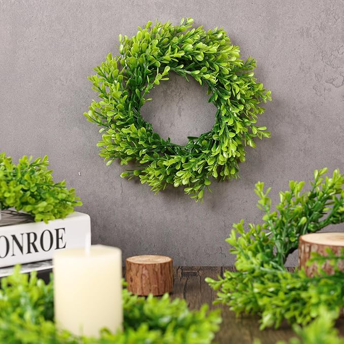 6 Pcs Artificial Boxwood Candle Rings Wreaths Mini Green Kitchen Cabinet Wreath Table Centerpieces Spring Summer Wreaths for Front Door Porch Outside All Season Farmhouse Wedding Party Decor