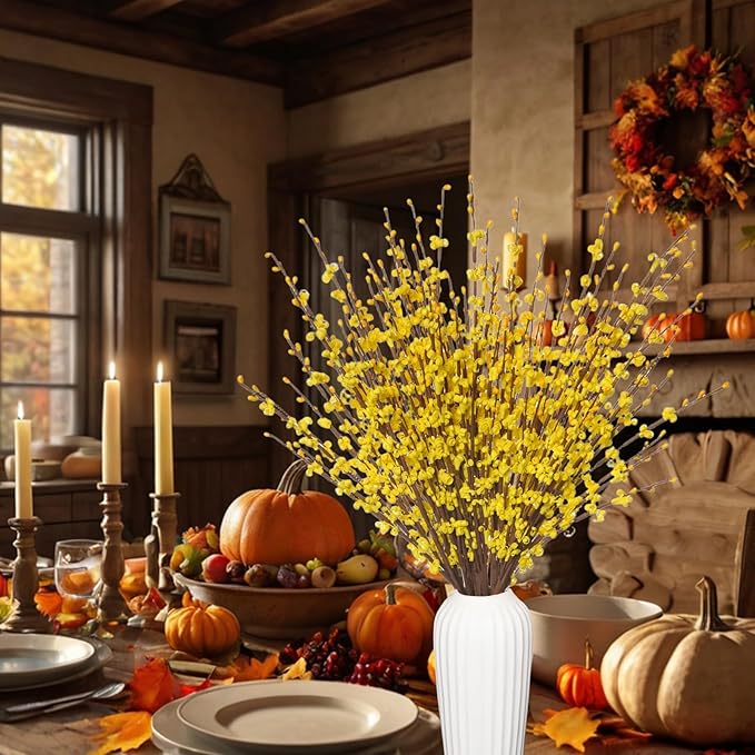 5 Pcs 29.5" Long Jasmine Artificial Yellow Flowers Fake Jasmine Flowers Bouquet Fall Stems for Vases Home Office DIY Floral Art Wedding Party Dried Fall Branches
