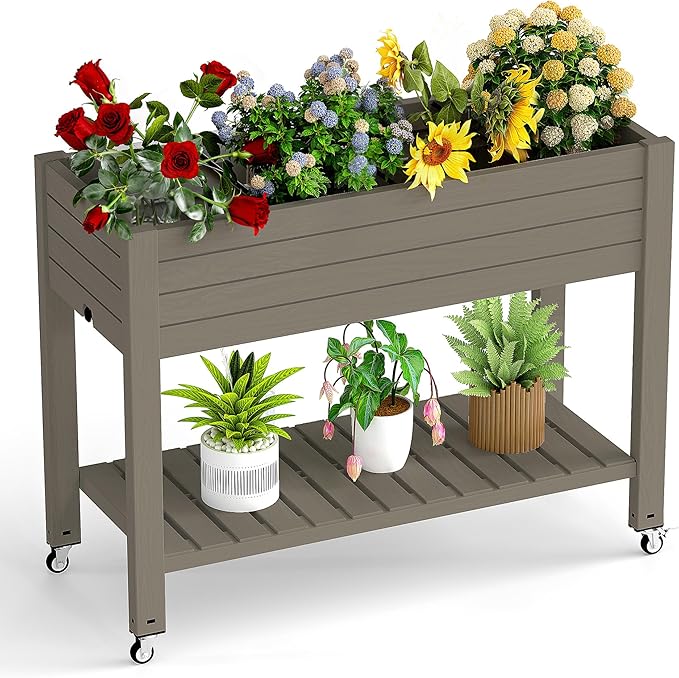 GYMHILL Elevated Raised Garden Bed with Wheels,Outdoor Large Resin Patio Planter Box Stand Divisible with Drain Plug,Water Monitor for Plants Vegetables Flowers Fruits(Grey,43.31 * 17.72 * 33.66)