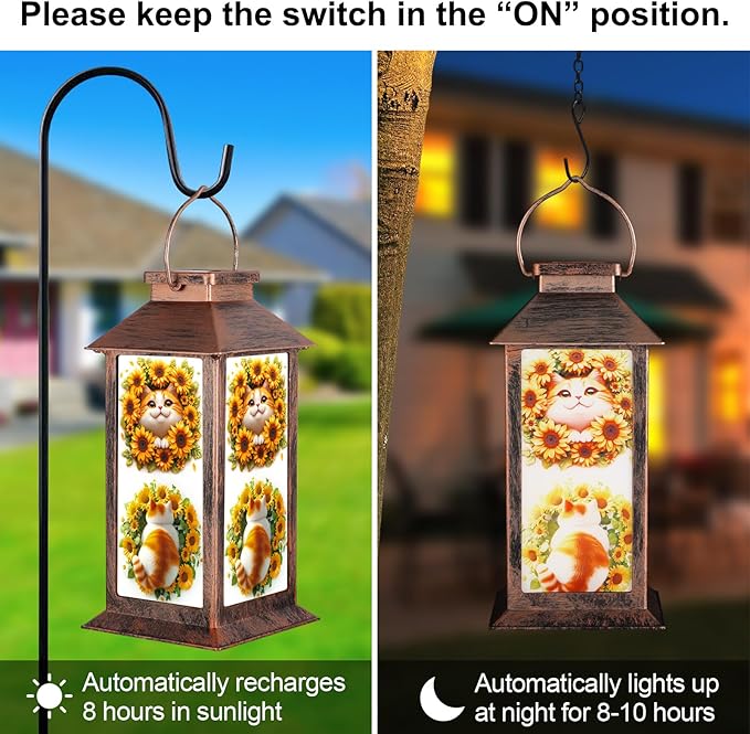 Solar Lanterns for Garden Decor,Waterproof Design Ideal Birthday Gifts for Women, Mom, and Grandma Solar LED Hanging Lights for Yard, Patio, Lawn, and Porch(Cat + Sunflower)