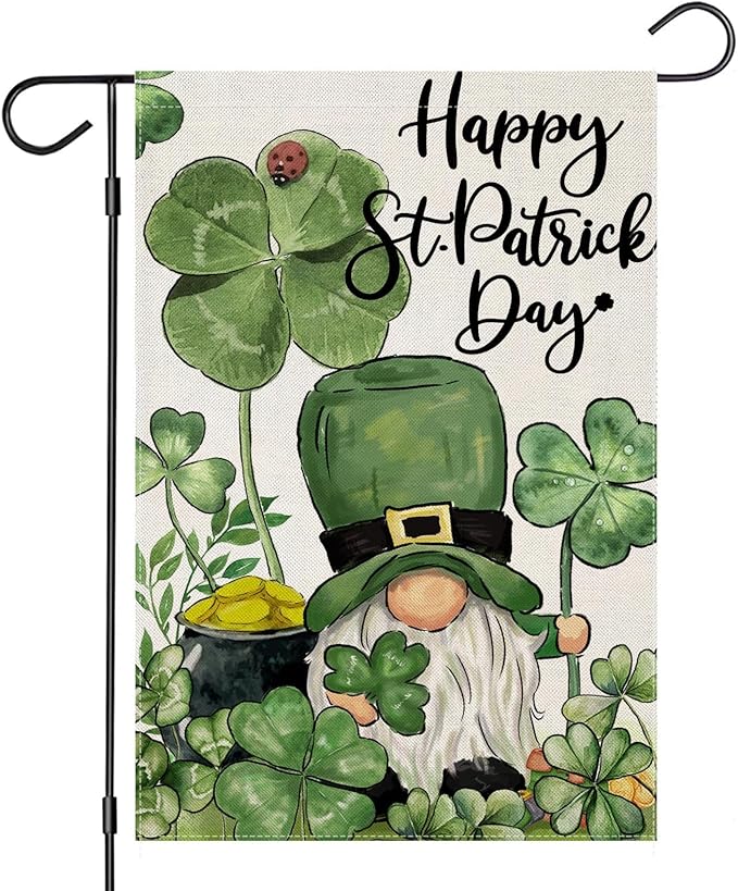 Happy St Patricks Day Garden Flags for Outside, Irish Gnome with Lucky Shamrocks Small Seasonal Decoration for Holiday Anniversary Yard Outdoor Decor 12x18 Inch Double Sided