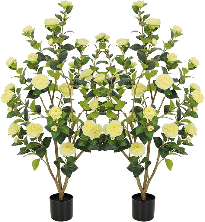 Nafresh 4FT Lush Artificial Yellow Camellia Tree Outdoor 2 Pack, 48inch Faux Camellia Plant, Fake Camellia Flowers Tree for Indoor Outdoor Living Room Home Patio Front Door Garden Decor