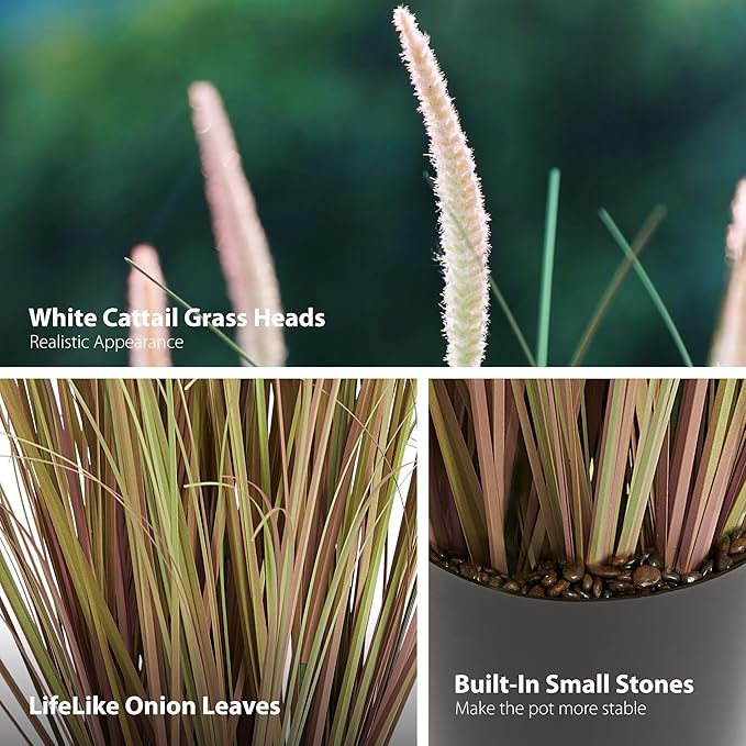 KOL 4ft 2-Pack Artificial Cattail Reed Grass, 47.2’’ Artificial Indoor Outdoor Fake Onion Grass Floor Plant, Home Office Wedding Decorative Potted Plants, Housewarming Gift, Pink