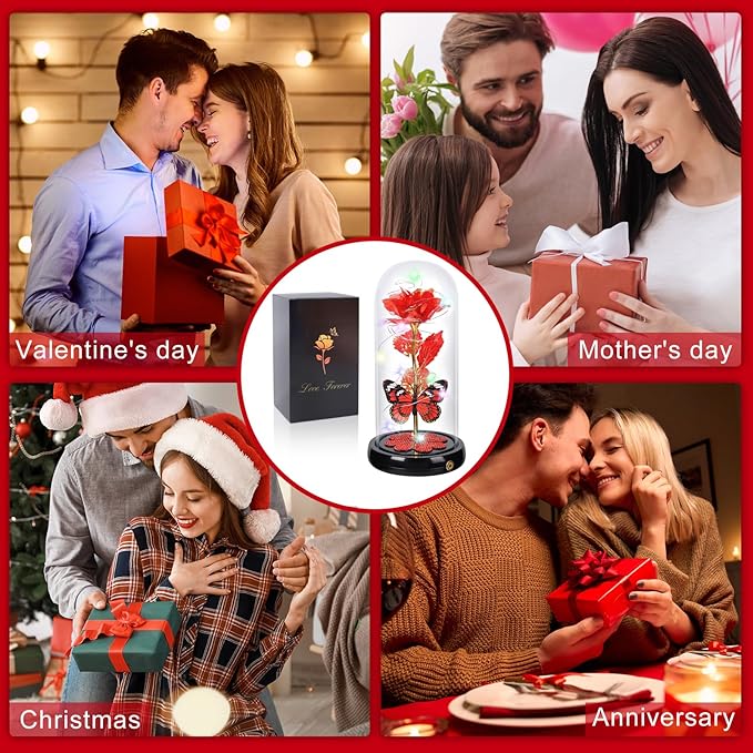 Valentines Day Rose Gifts for Her Birthday Gift for Women, Rechargeable Galaxy Glass Rose in Glass Dome Eternal Crystal Flower Butterfly Gift Valentine Gifts for Women Daughter Mom Wife Girlfriend Red