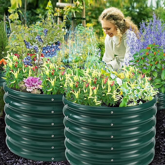 17" Tall Round Outdoor Garden Raised Garden Bed Kits-0.8MM Thick Metal Raised Planter Bed/Ground Planter Box for Variety of Flowers,Herbs,Vegetables,Trees (Dark Green, 24 Dia X 16.5 inches)