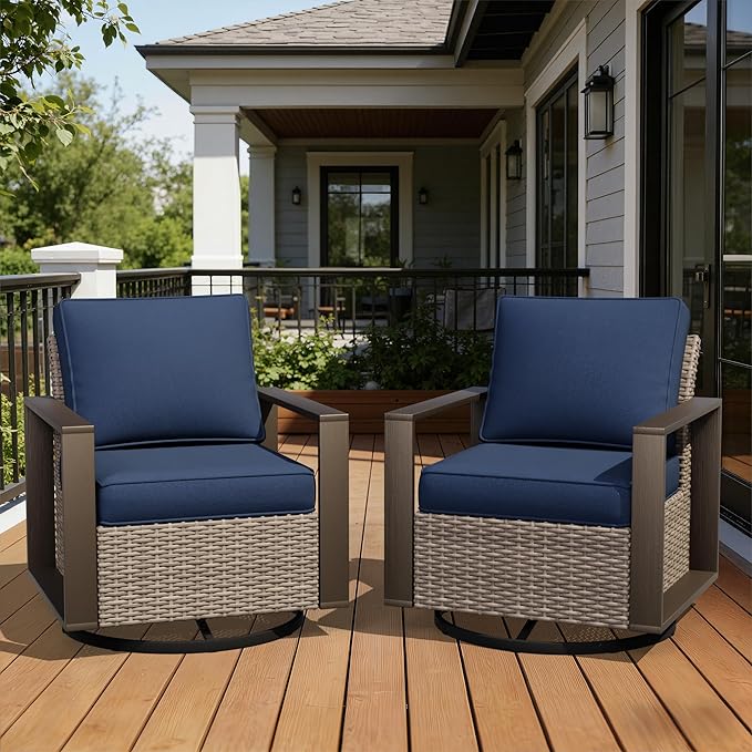 Joyside Outdoor Patio Swivel Rocker Chairs Set, 2 Pieces Wicker Rattan Chairs with Metal Wide Armrest, Thick Cushions and Deep Seating for Garden, Backyard, Porch, Deck
