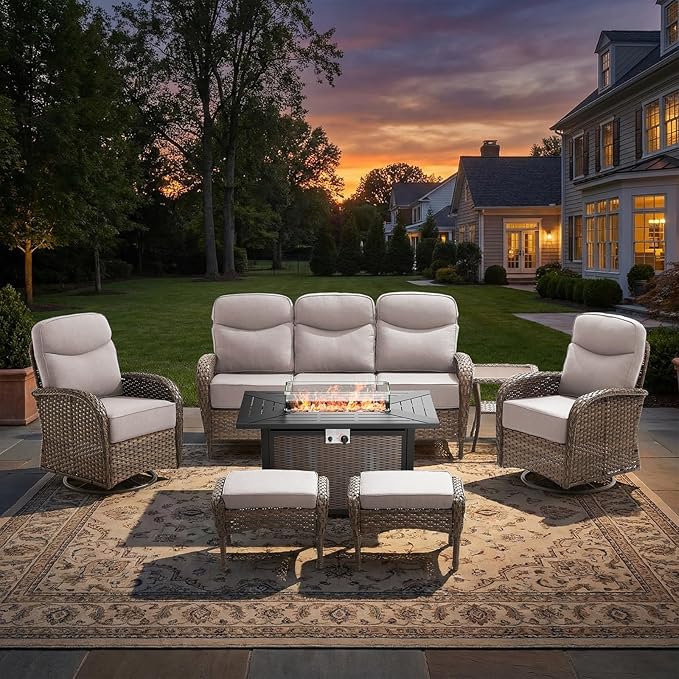 Luxury Patio Furniture Set with Fire Pit Table, Outdoor Furniture Set with High Back Swivel Chairs & 6-inch Thick Cushions, 7 PCS Fire Pit Patio Set for Yard, Deck, Poolside, Brown/Beige