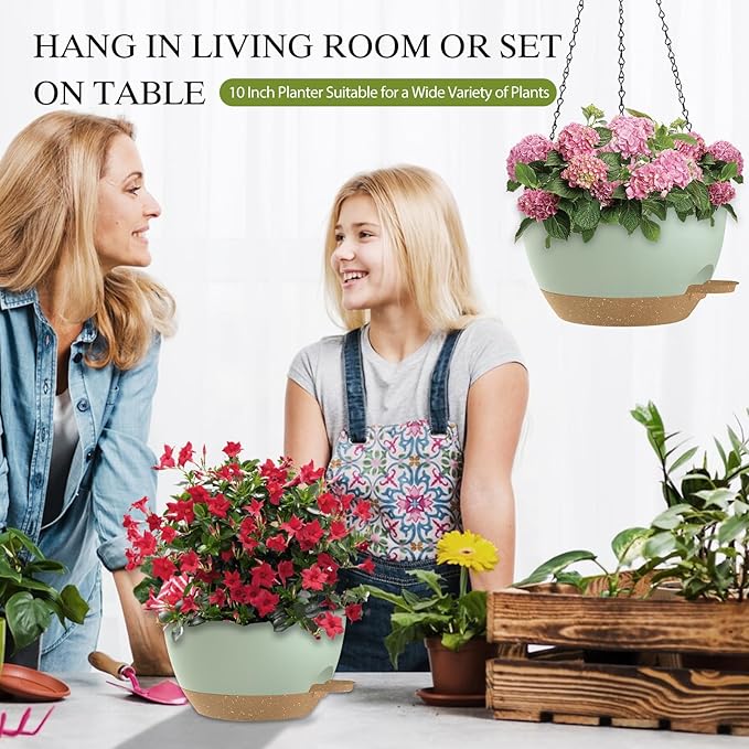 SQKH 10 Inch Hanging Baskets 2 PC with Chains, Self-Watering Hanging Planters for Indoor Outdoor Plants, Plastic Hanging Flower Pots,Green Brown