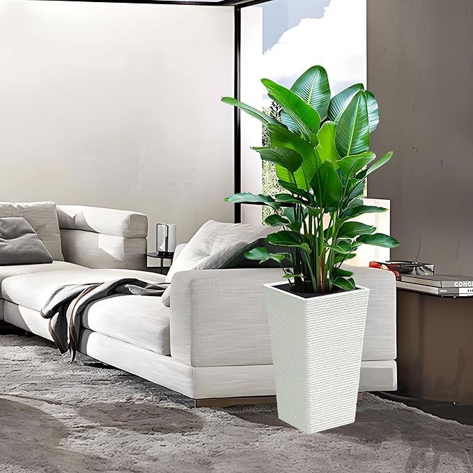 KIFFUN 2 Sets Large Tall Planter for Outdoor or Indoor,Resin,Stone Finish,21" H*12" W, Flower Pots Tapered Planters Box for Porch, Patio,Garden,Front Door Decor(White)
