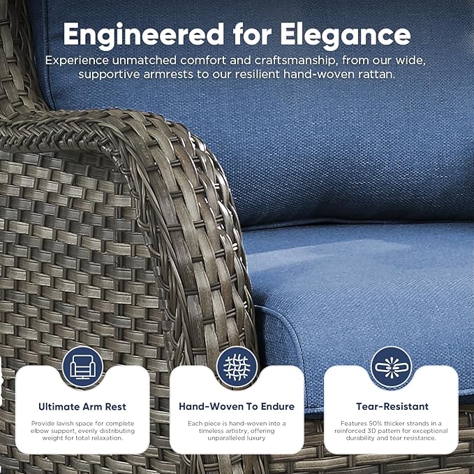 Belord High Back Patio Chairs Set of 2 - Gray Wicker Outdoor Seating, 4" Wide Armrests Rattan Outdoor Club Chairs with Blue Removable Cushion for Deck Porch Backyard