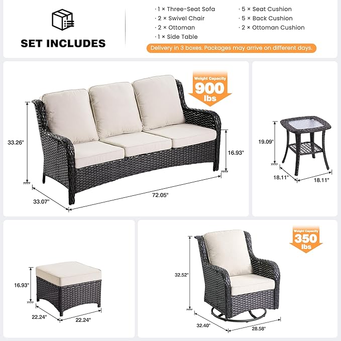 ovios 6 Pieces Patio Furniture Set, Outdoor Wicker Sofa Couch with Swivel Chairs Ottomans Comfy Cushions, High Back Modern All Weather Conversation Sets, Brown Rattan, Beige
