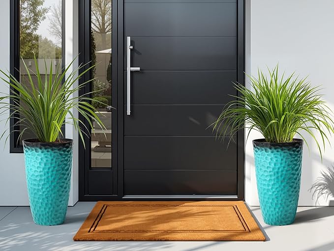 Ultym 23.75" H Large Tall Outdoor Planters, Set of 2 Plastic Large Flower Pots for Outdoor Plants, with Turquoise Teal Honeycomb Texture, Weather-Resistant for Porch, Garden, Patio or Indoor Use