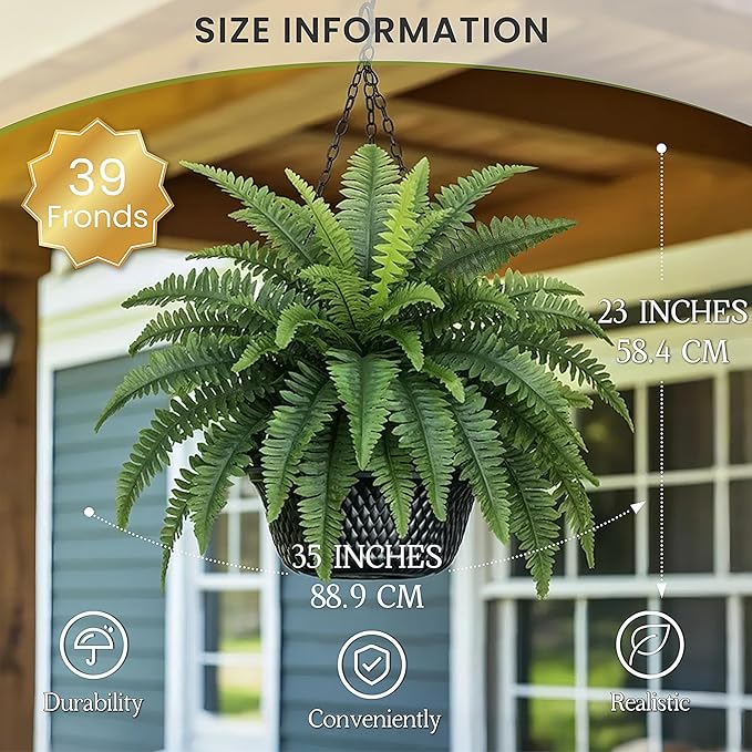 Richeerca Fake Ferns, 35IN Large Fake Bush Plants, 2 Articial Boston Ferns with 39 Fronds for Outdoor Hanging Planter Garden Porch Entrance Home Decor