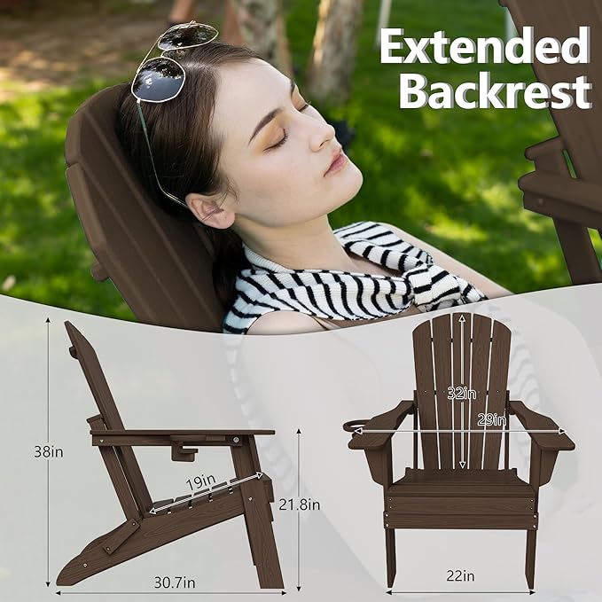Plawdlik Folding Adirondack Chair, SGS Tested, Wooden Textured with Cup Holder, Heavy All-Weather HDPE Comfortable Set Poolside Backyard Lawn Coffee
