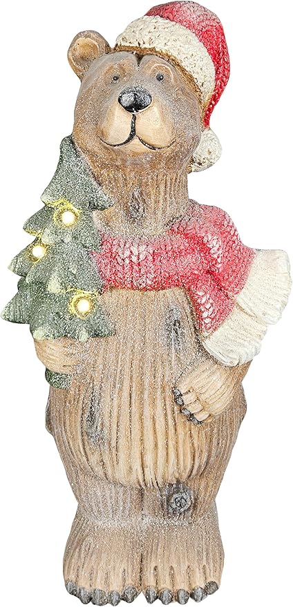 Holiday Bear with Light Up Christmas Tree | Resin Home Decor with Santa Hat and Xmas Tree Accents | Seasonal Xmas Decor for Centerpiece, Mantle, Kitchen, Dining Room, and More | 18 ¾ inches tall