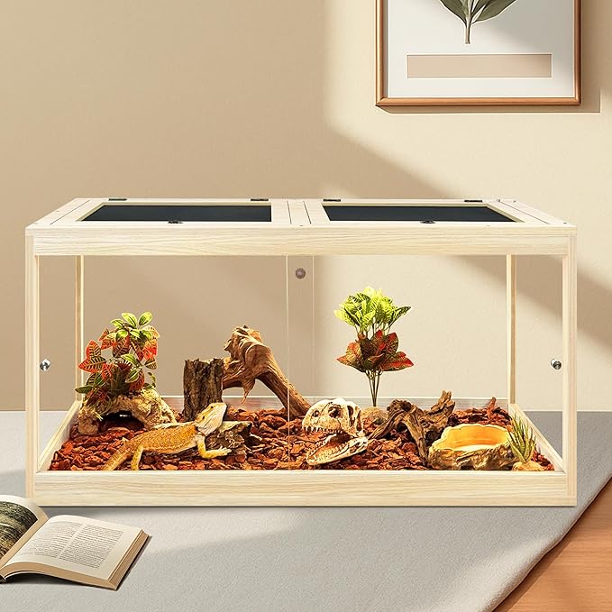Prolee Tempered Glass Bearded Dragon Tank,Reptile Encloure and Snake Tank with Metal Mesh Roof Door,Locking Design Reptile Tank for Lizard,Gecko,Chameleon (Oak, 32 Gallon (32x16x16 Inch))
