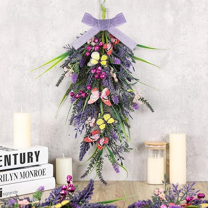 2 Pcs 24inch Artificial Lavender Teardrop Wreaths Swag Spring Summer Butterfly Lavender Purple Wreath Swag Hanging Decoration for Kitchen Cabinet Doors Windows Walls Party Home Decor