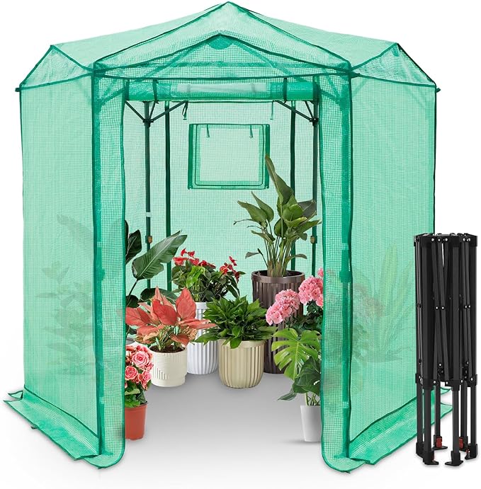 EAGLE PEAK 6.6x6.6 ft Hexagon Pop up Greenhouse, Portable Walk-in Grow Tent for Seed Starting, Garden Plants, Indoor Outdoor Green House, All-Weather Plant Shelter, PE Cover, Green/Clear