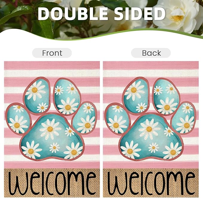 Welcome Spring House Flags for Outdoor Decoration, Dog Paw with Daisy Flowers Stripes Large Yard Flag, Decorative Summer Celebration Decor for Seasonal Farmhouse Holiday Outside 28x40 Inch
