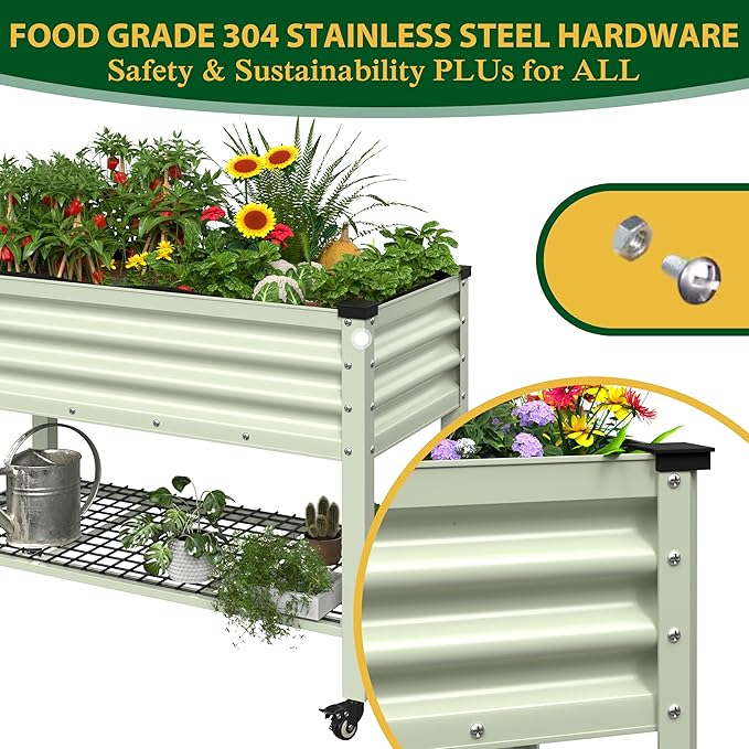 BlueWish 48"W x 24"D x 34"H Outdoor Galvanized Garden Bed, Elevate Raised Bedwith Detachable Black Liner, Rolling Casters, Storage Shelf, Movable Planter Boxes for Gardening, Vegetable, Flower, Beige