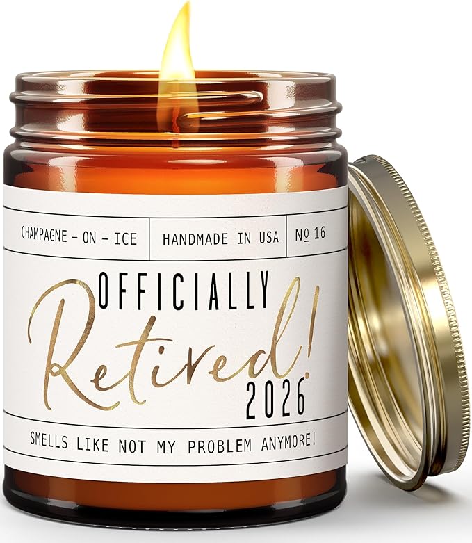 Retirement Gift for Woman - 'Officially Retired 2026' Candle, w/Champagne on Ice I Happy Retirement Gifts for Women 2025 I Retired Gifts for Women I 50Hr Burn, Made in USA