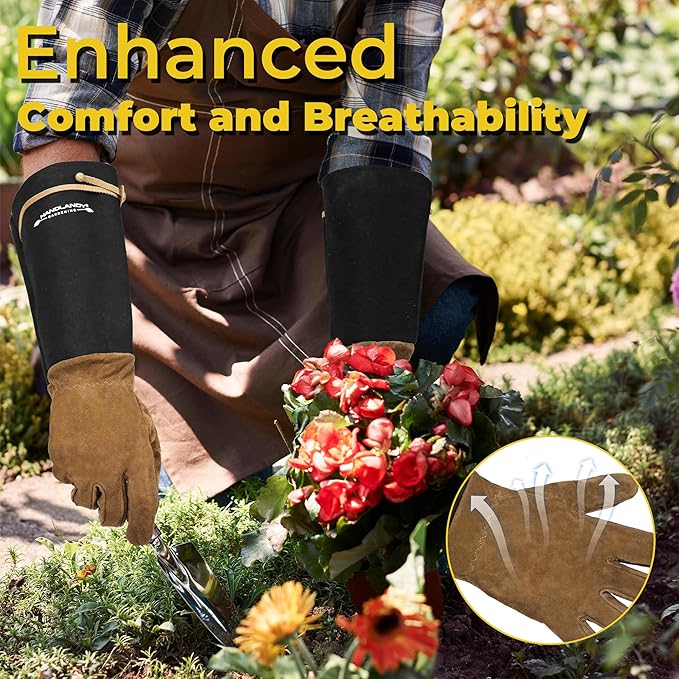 HANDLANDY Long Gardening Gloves for Men & Women, Pigskin Leather Rose Pruning Gloves, Breathable Thorn Proof Gauntlet Glove (Brown-Pigskin, S)