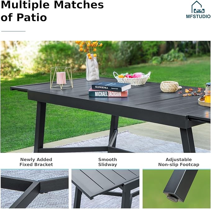 MFSTUDIO Modern Rectangular Patio Dining Set for 8, Black, All-Weather Resistant, Expandable Table & Breathable Textilene Chairs