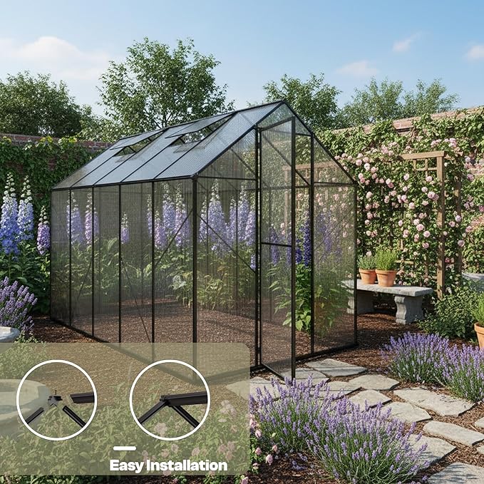 Kingdura 6x10ft Walk-in Greenhouse for Outdoors, Large Polycarbonate Greenhouses with Heavy Duty Aluminum Frame, Adjustable Roof Vent, Lockable Door, UV Protection for Outside Garden Backyard