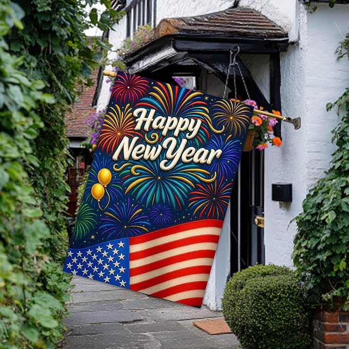 Happy New Year House Flag 28x40 Inch Double Sided Garden Flag American Flag and Fireworks Design Winter Holiday Yard Banner Large Outdoor Polyester Flag for Porch Lawn Home Decoration