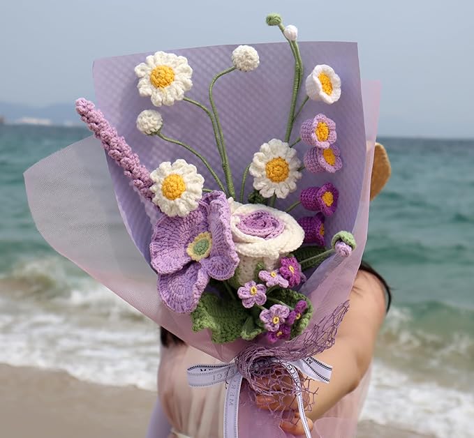 YOOJEE Crochet Purple Ombre Rose Tulip Bouquet Christmas Pet-Safe Handmade Knitted Florals for Women Coworkers Teachers with Greeting Card