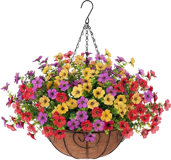 Artificial Flowers Hanging Basket for Outdoor Spring Decor, Fake Silk Mums Daisy with Eucalyptus in 12" Metal Coconut Lining Pot Arrangement for Home Patio Yard Decor(Purple Red Yellow)