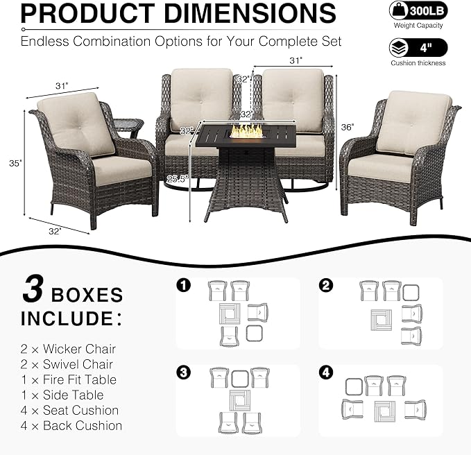 Joyside 6 Piece Wicker Patio Furniture Set with Fire Pit Table, Rattan Patio Chairs with High Back, Deep Seating, Wide Armrest, Thickened Cushions, Outdoor Furniture for Deck, Porch Use