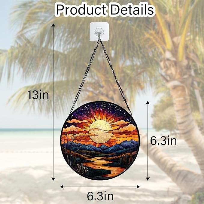 DASTOLL Stained Glass Window Hanging, The Sun Shines Brightly on Lake Sun Catchers Colorful Glass Panel Suncatcher Decor for Birthday for Women, Men, Wife, Lovers, and Mom 6.3 in