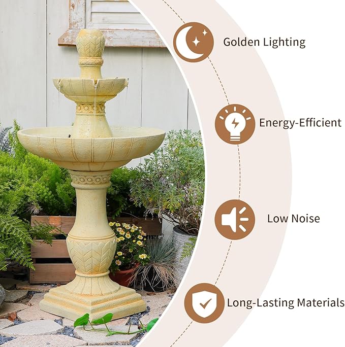 45.28H 3-Tier Outdoor Water Fountain with LED Lights Large Italian Resin Garden Fountain for Patio Yard Weather-Resistant Cascading Waterfall Feature with Quiet Pump