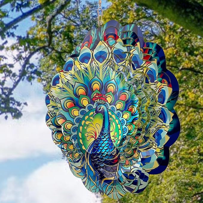 Peacock Wind Spinners Outdoor for Women Mom Grandma,12inch Metal Hanging Wind Sculptures for Outside Decor, Peacock Ornament Presents for Yard Garden Decoration