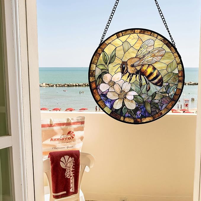 AMDERVEN Stained Glass Window Hanging, Vintage Bee Yellow Flower Sun Catcher for Window Door Home Decor Suncatcher Christmas Mother's Day Birthday Gifts for Women Men Mom and Nana 6.3 in