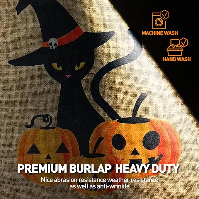 Halloween Trick Or Treat Black Cat and Pumpkins Burlap Garden Flag, Double Sided 12×18 Inch Halloween Jack-O-Lantern, Outside Small Yard Outdoor Flags Porch Lawn Yarde Decoration