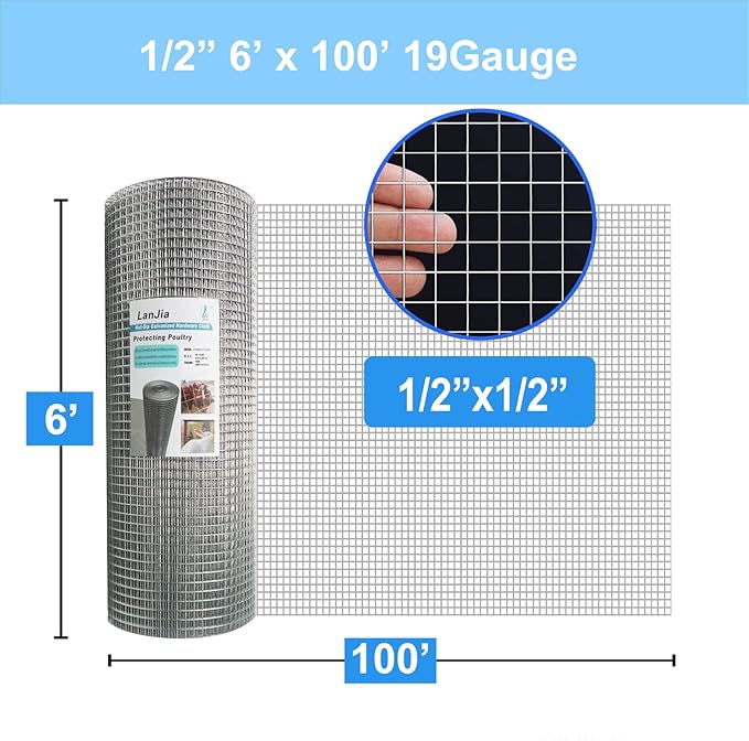 Hardware Cloth 1/2in 6ft x 100ft 19 Gauge-Hot Dip Galvanized After Welding, Chicken Wire Fencing Wire Mesh Roll Garden Fencing, Tree Guard Wire Cloth Welded Wire Mesh& Wire Cloth Gopher Wire
