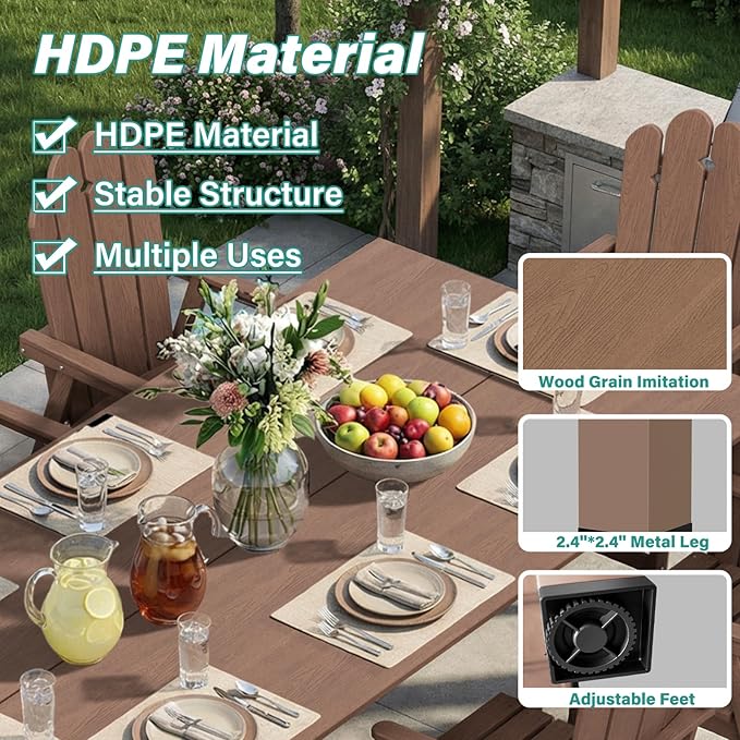 9-Piece Patio Dining Set for 8, Large HDPE All-Weather Outdoor Furniture with Umbrella Hole Table, 89.76” Oversized Table, 8 Armchairs, Brown