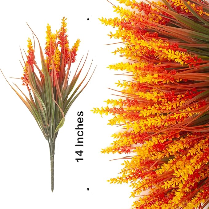 Grunyia 20 Bundles Artificial Plants Outdoor Fake Monkey Grass with Flowers (Fall Red)