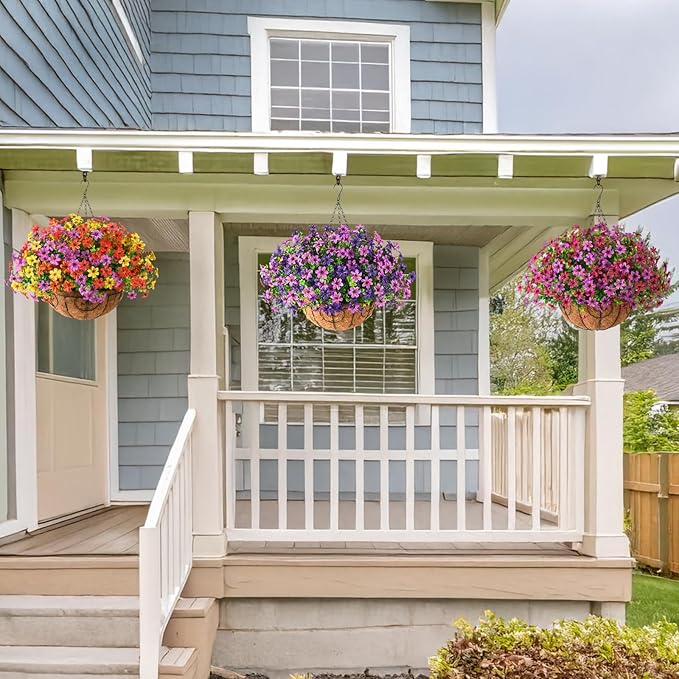 INQCMY Artificial Flowers Hanging Baskets for Outdoors Spring Decor, 12 Bundles Fake Plants Faux Silk Daisy with Eucalyptus Stem UV Resistant for Outside Patio Balcony Garden (Double Purple)