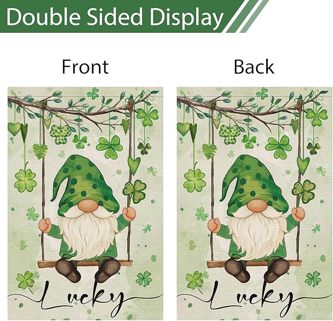 Heyfibro Lucky St. Patrick's Day Garden Flag 12x18 Double Sided Burlap, Gnome with Shamrocks Hanging Swing Yard Banner for Spring Seasonal Irish Holiday Farmhouse Outdoor Decor(ONLY FLAG)