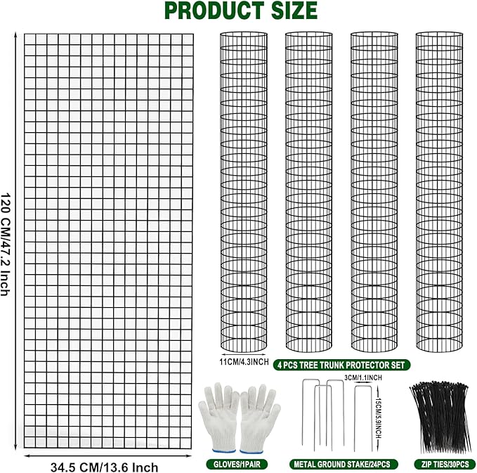 48" Metal Tree Trunk Guard, 4 Pack Mesh Protectors with Zip Ties, Glove & Metal Stakes - Protect Bark & Saplings from Mowers, Deer & Other Animals