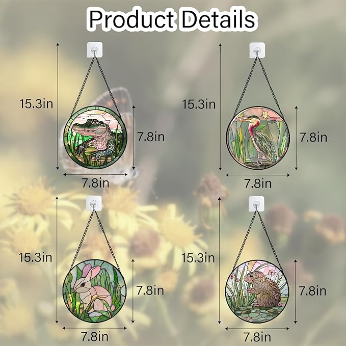 DASTOLL Stained Glass Window Hanging 4 Pcs Set Cute Animal 7.8"- Green Plant Pink Suncatcher Door Garden Sun Catcher Decor Birthday Christmas for Mom Woman Nana Men Friend