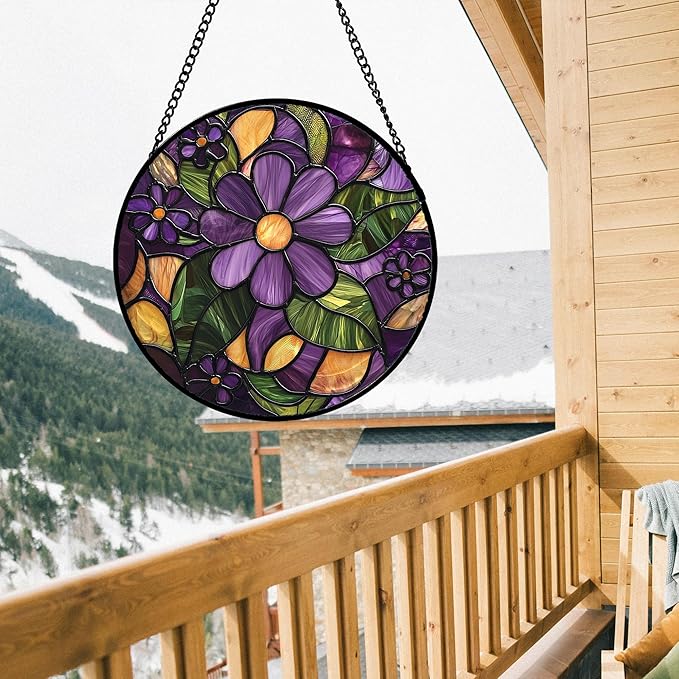 AMDERVEN Stained Glass Window Hanging, Purple Green Flowers Sun Catcher for Door Home Decor Plants Suncatcher Christmas Mother's Day Birthday Gifts for Women Men Mom and Nana 15 in